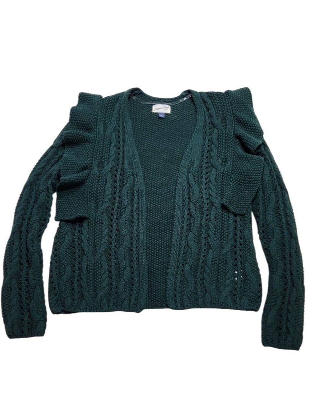 UNIVERSAL THREAD Cottagecore Cable Knit Ruffle Open Front Cardigan Green Small